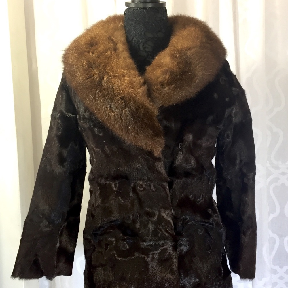 Vintage real mink fur coat real fur collar brown